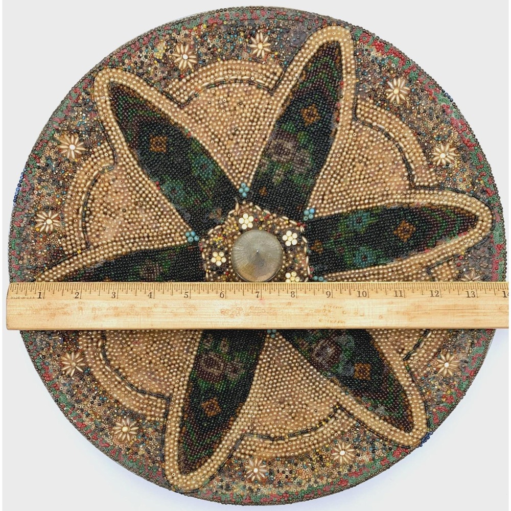Vintage Beaded Tramp Art Bowl – Jeweled Mosaic, Spindle Handle, 1920s-1950s - Picture 15 of 16